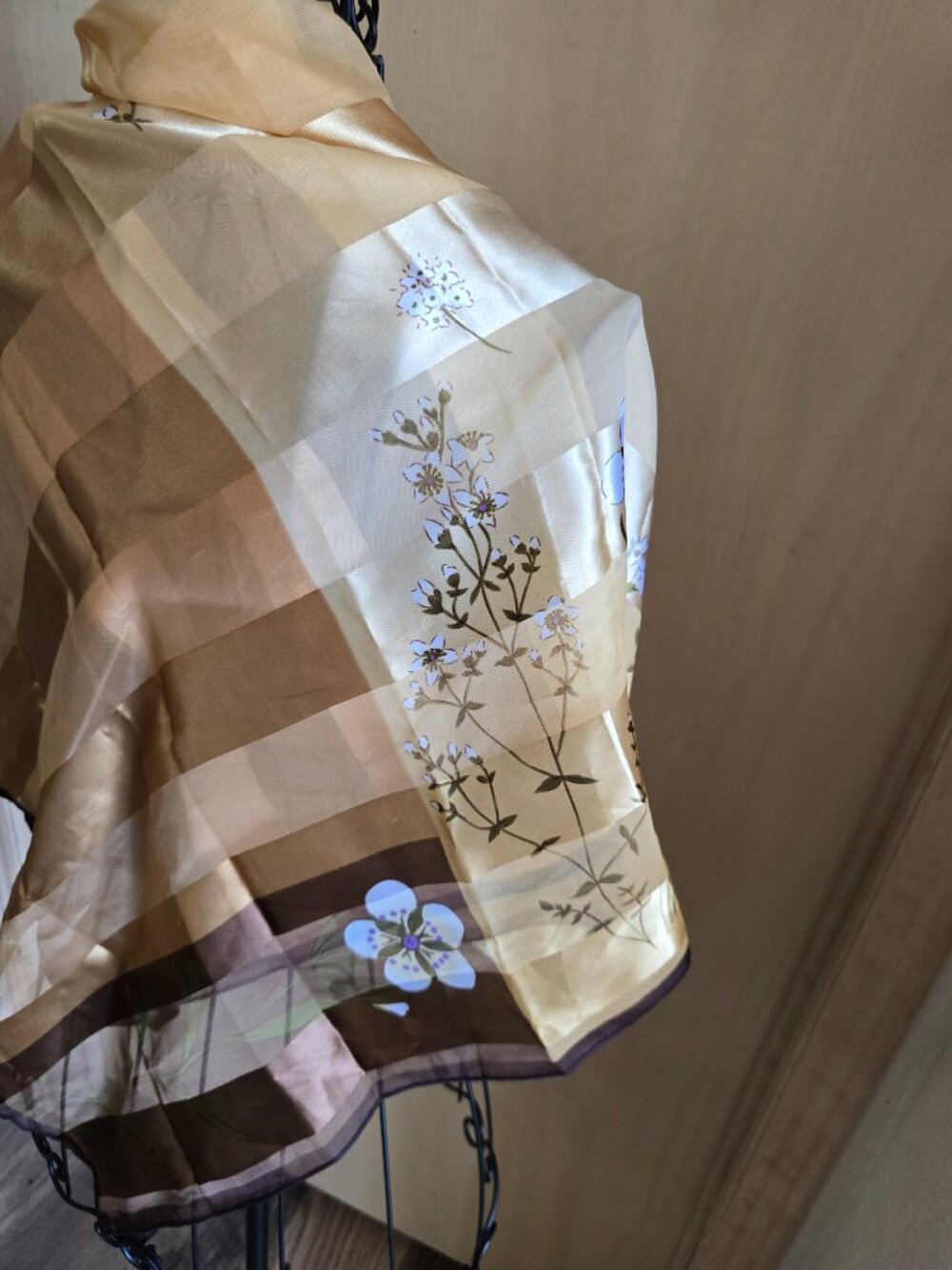 Beautiful Gold-Ivory-Green-Brown 39"x40" Floral Scarf - Picture 4 of 11